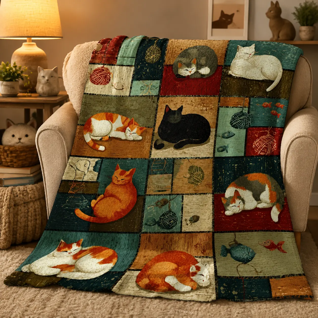 Vintage Flannel Fabric Patchwork Blanket - Soft Plush Throw with Sleeping Cats Yarn Print, Multi-Size Cozy Bedding for Sofa Bed, Durable Machine-Wash Warm Gift for Cat Lovers