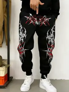 Y2K Dark Aesthetic Graphic Pants | Quick-Dry Breathable Urban Joggers with Side Pattern Detail | Loose Fit High-Street Bottoms for Techwear OOTD & Urban Exploration