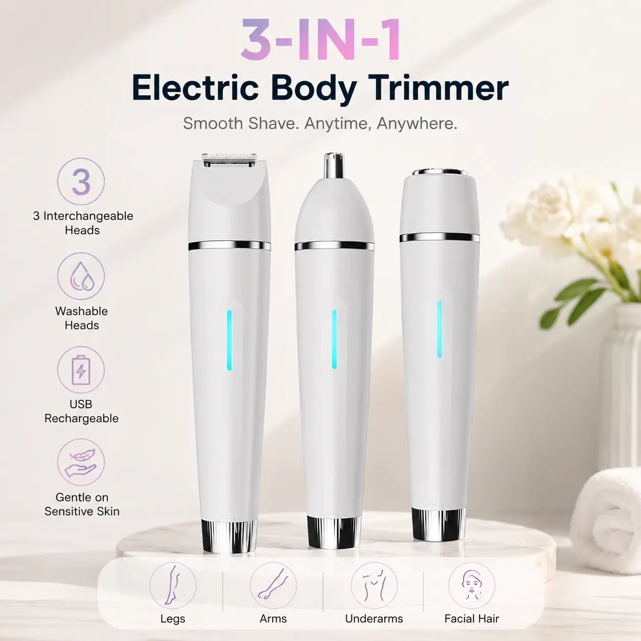 Women's 3-in-1 electric shaver, USB rechargeable body hair trimmer, comes with 3 replaceable heads, suitable for legs, arms, underarms, and facial hair, with a rotary switch at the bottom