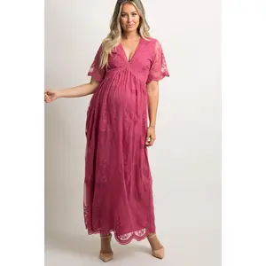 PinkBlush Magenta Lace Mesh Overlay Maternity Maxi Dress