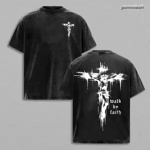 Walk by Faith Cross Double Printed Vintage Washed Tee, Unisex Oversized Heavyweight Cotton T-shirt for Christian Streetwear Grunge Aesthetic Bible Verse Church Outfit Gym Pump Cover