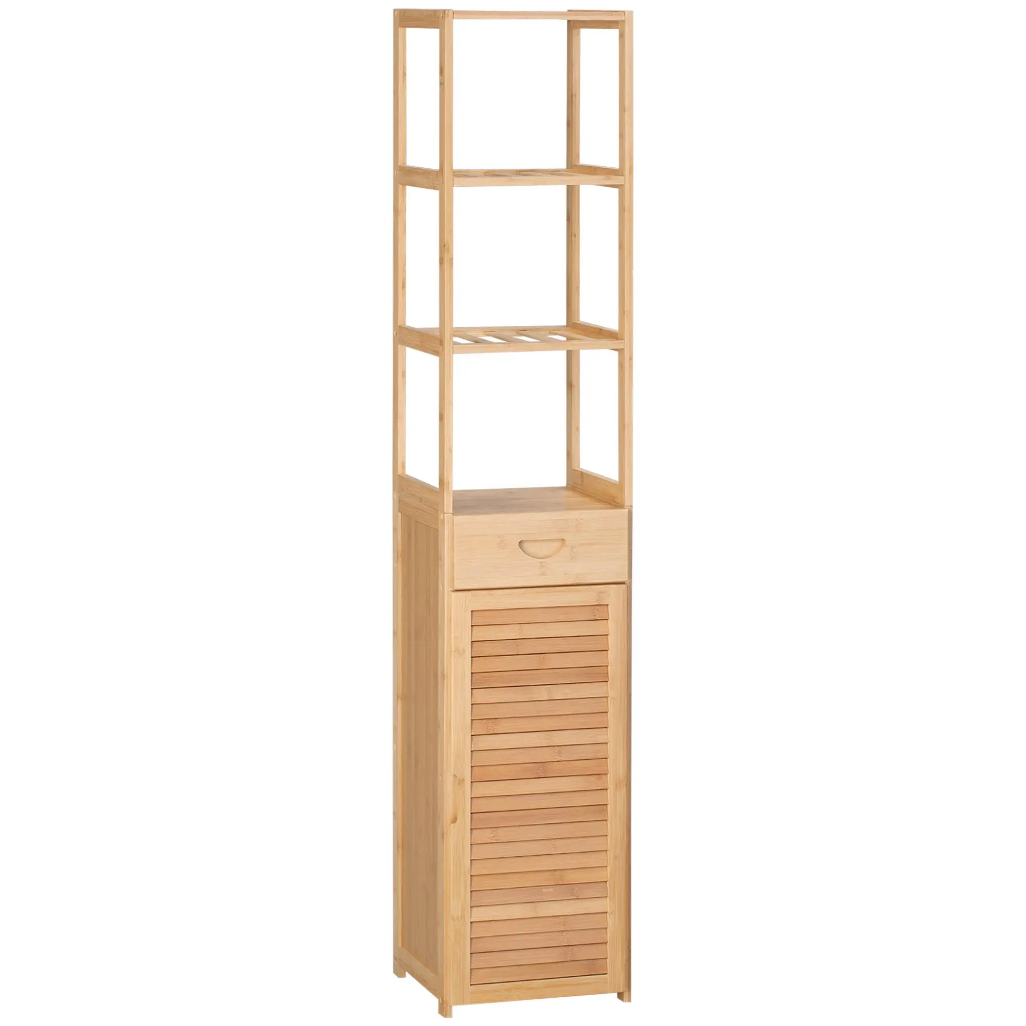 Kleankin Slim Bamboo Wood Tall Bathroom Cabinet - Drawer-Equipped, Slatted Shelves, Louvered Door Linen Tower, Stand-Alone Tall Cupboards, Natural, Drawer-Equipped Tall Cupboards