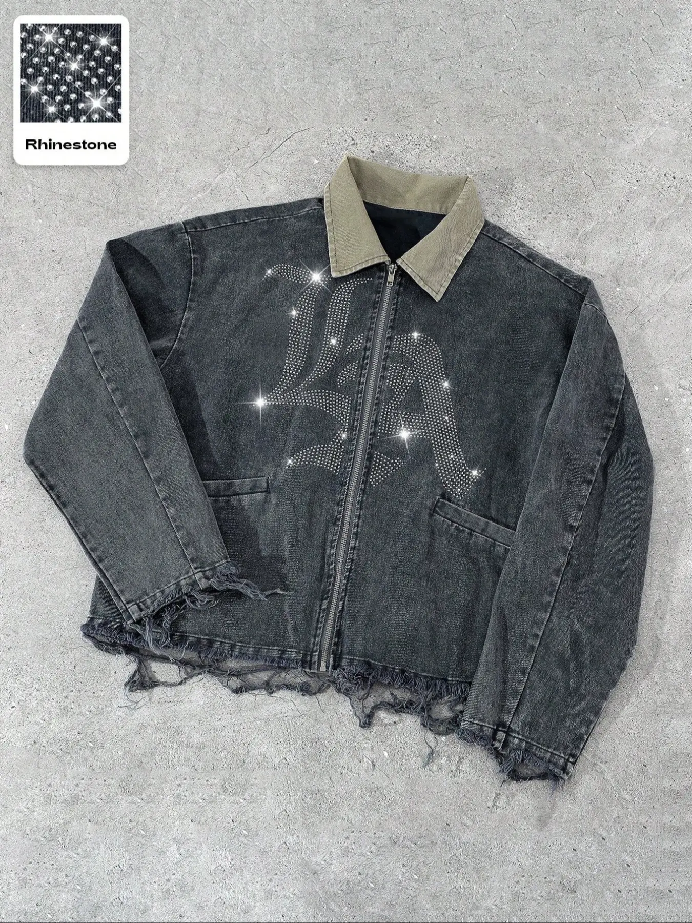 Washed denim jacket with printed lettering, in navy and khaki, with a distressed effect, fashionable for casual, streetwear and everyday use, Menswear, Coats, Outerwear