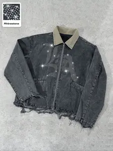 Washed denim jacket with printed lettering, in navy and khaki, with a distressed effect, fashionable for casual, streetwear and everyday use, Menswear, Coats