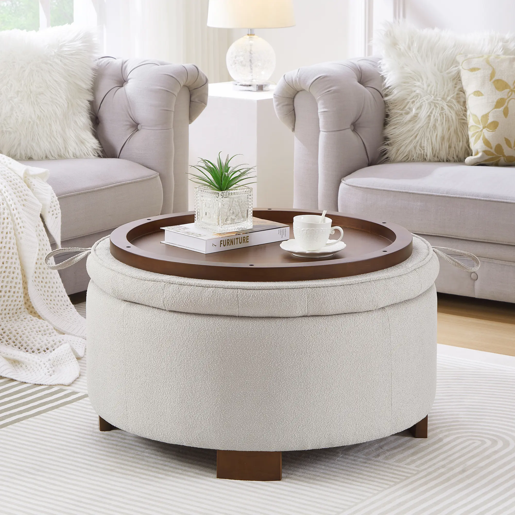 30 Inch Round Storage Ottoman, Ottoman Coffee Table with Lift Off Lid, Boucle Modern Ottomans with Storage for Living Room, Bedroom, Apartments (Beige)