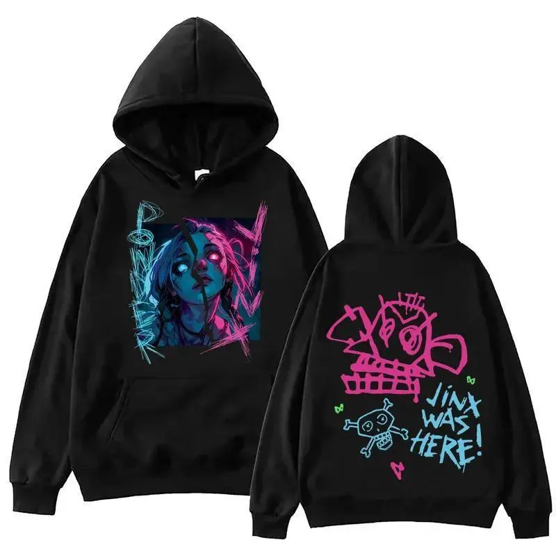 Unisex Arcane Jinx Printed Hoodie - 2-Sided League of Legends Anime Fan Merch, Spandex-Blend Fabric, Comfortable Fit, Harajuku Hip Hop Vintage Streetwear Cotton Pullover Top, Classic, Sport