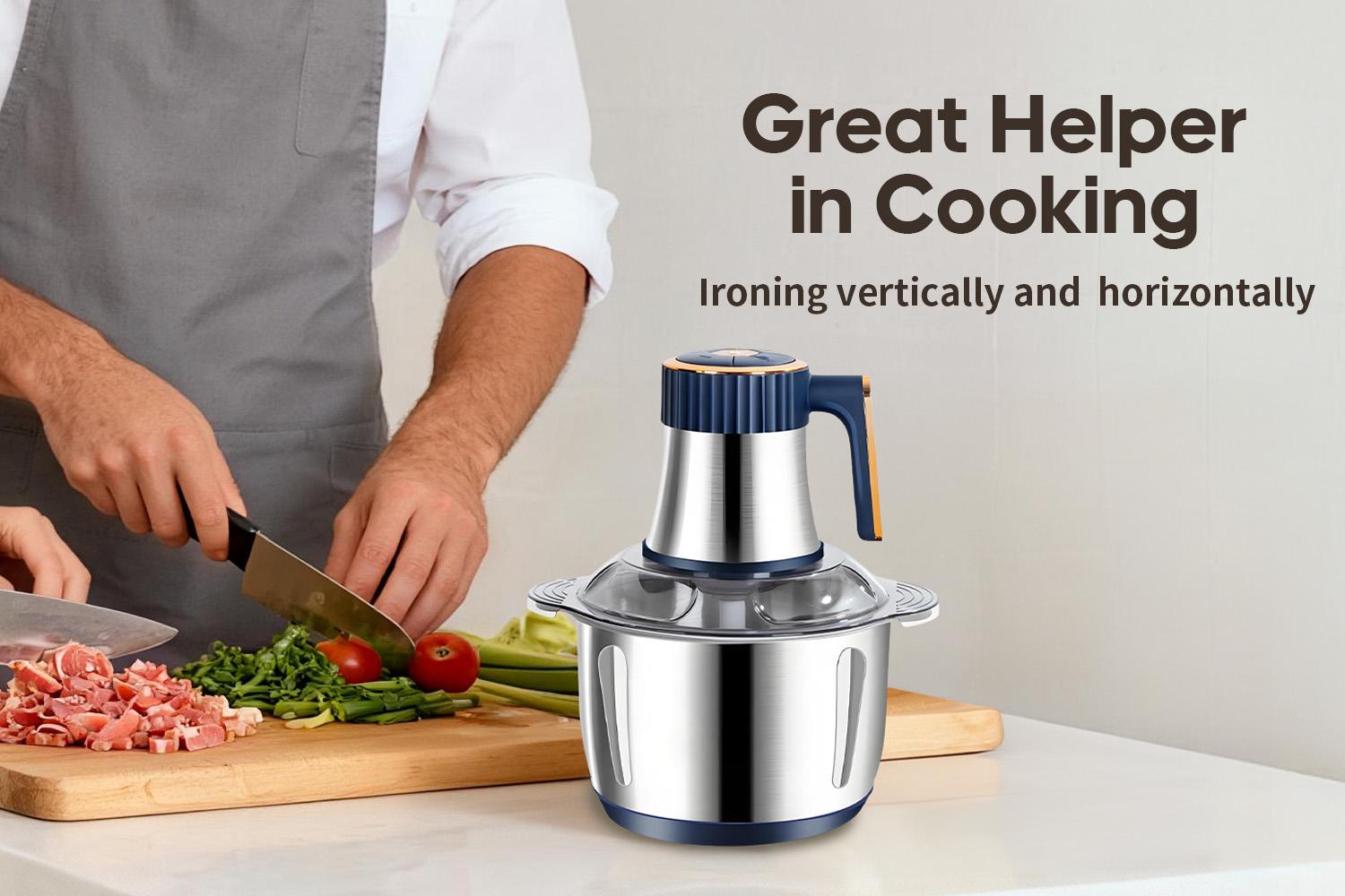 5-liter electric food processor features a stainless steel mixing bowl, is multi-functional, and can be used to process meats, vegetables, fruits, and nuts. It includes a plastic scraper, has a compact design, and is easy to use.