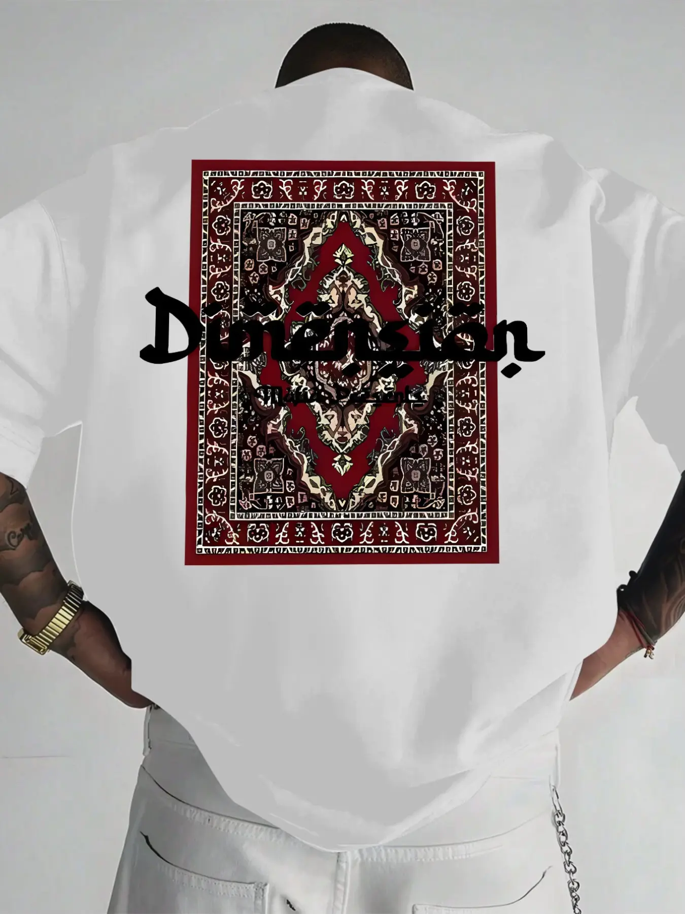 Men's Dimension Persian Carpet Print T-Shirt, Vintage Street Style Loose Short Sleeve, Casual Fitted Top, All Seasons Wear