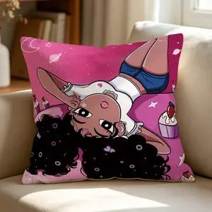 Cute Black Girl Cartoon Print Throw Pillow, Includes Pillow Core Cushion, Pink Starry Cupcake Accent Pillow, Soft Fluffy , Aesthetic Kawaii Decor for Girls & Teens Bedroom, Sofa, Couch & Living Room, Great Gift Idea