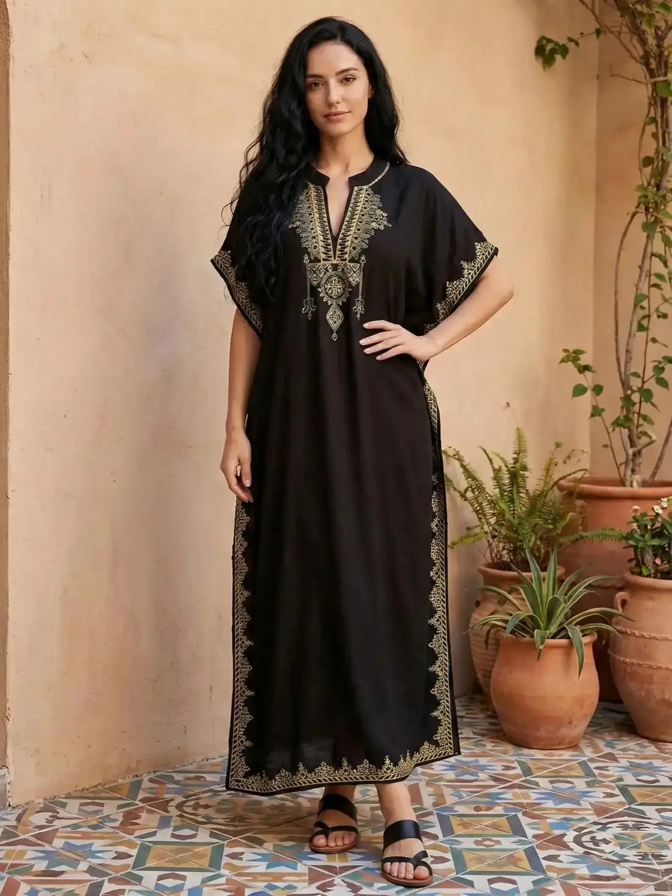 Arabic Clothing esty Muslim Contrast Binding Notched Side Split Arabian Dress, esty Casual Embroidery Batwing Sleeve Kaftan, Summer Caftan, Summer Maxi Clothes, Beach Kaftans, Must Have Item, Flowy, Flattering