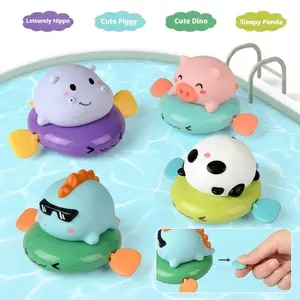 ST02 Cute Pull String Swimming Bath Toys for Toddlers 1-3 - Funny Floating Wind Up Pig Dinosaur  Panda Hippo Animal Gifts for Kids Bath Time - Water Splash Tugboat Play Toy for Boys Girls,