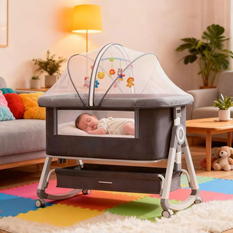 Virplik 4-in-1 Portable Baby Bassinet with Mosquito Net, Rocking Function, Storage Basket, Adjustable Height, Foldable Design, Wheels, Mattress, Crib for Newborns Bassinet with Mattress