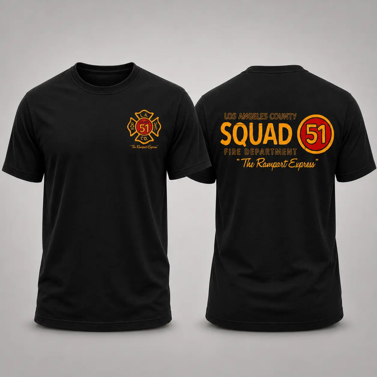 Squad 51 Firefighter Graphic T-Shirt, Retro Fire Department Rescue Tee, Front and Back Print, Emergency Crew Tribute Shirt, Casual Unisex Gift for Men and Women