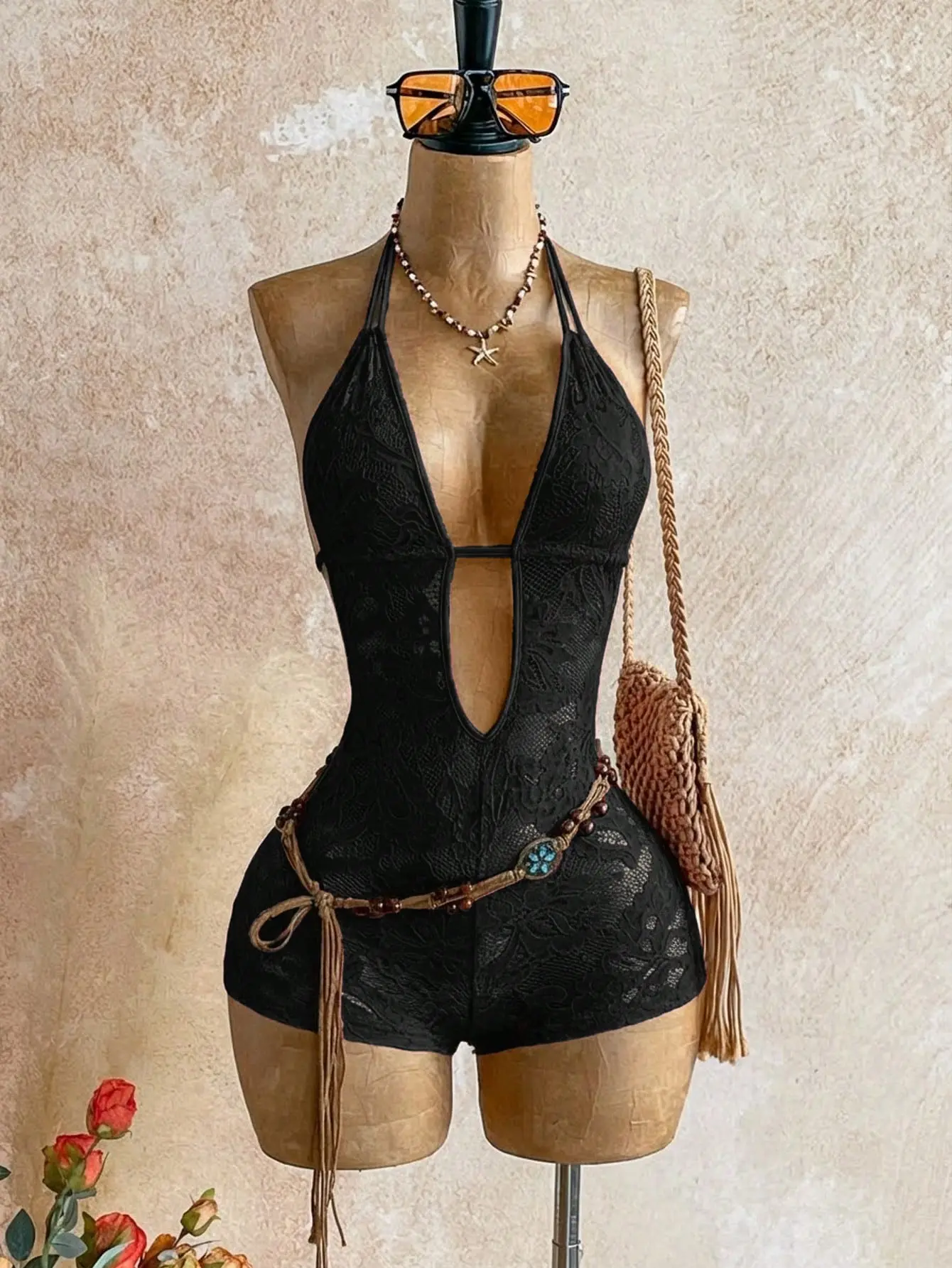 Women's Deep V Neck Halter Mini Jumpsuit | Sexy Sleeveless Backless Party Romper | Summer Beach Vacation Festival Concert Date Night Club Going Out Outfit For Women