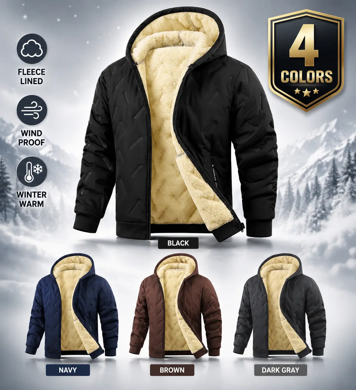 Men’s Winter Thermal Fleece Hooded Jacket – Navy Blue Casual Zip-Up Jacket Polyester fiber material Machine washable for easy care