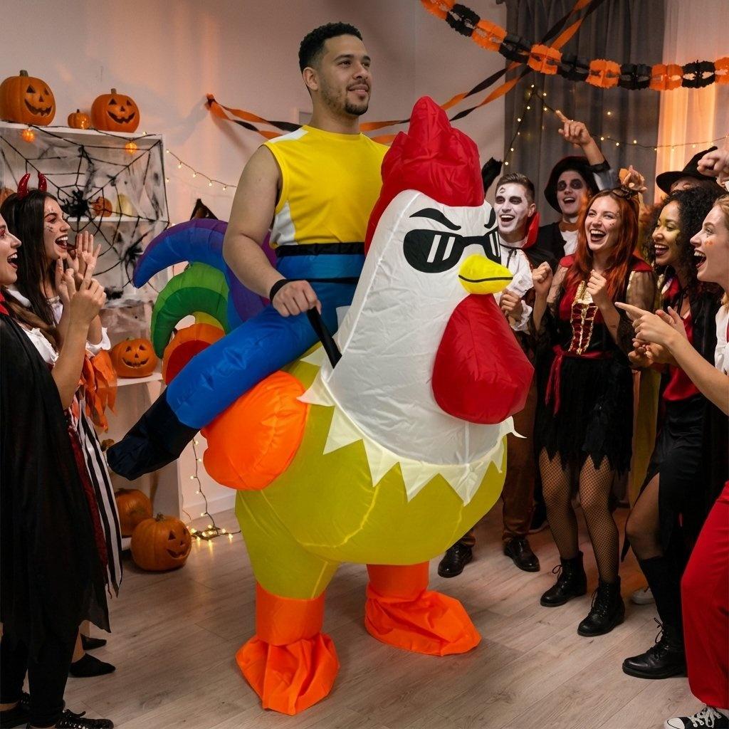 Inflatable Costume Adult, Riding Chicken Costume for Men/Women, Blow up Ride on Rooster, Funny Halloween Costumes Adult Christmas Holiday Party Suit