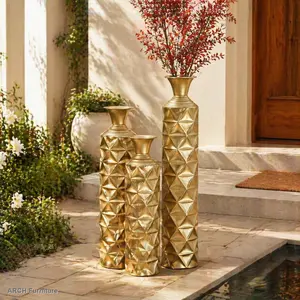 Semi-Handmade Gold-Plated Metal Floor Set of 3, Decorative Diamond Design Pieces with Light & Shadow Effects, Traditional Geometric Pattern (33.5/29.5/25.2in Tall, 4.72in Top, 5.91in Base), Large Modern Home Accent for Living Room, Entryway Boho
