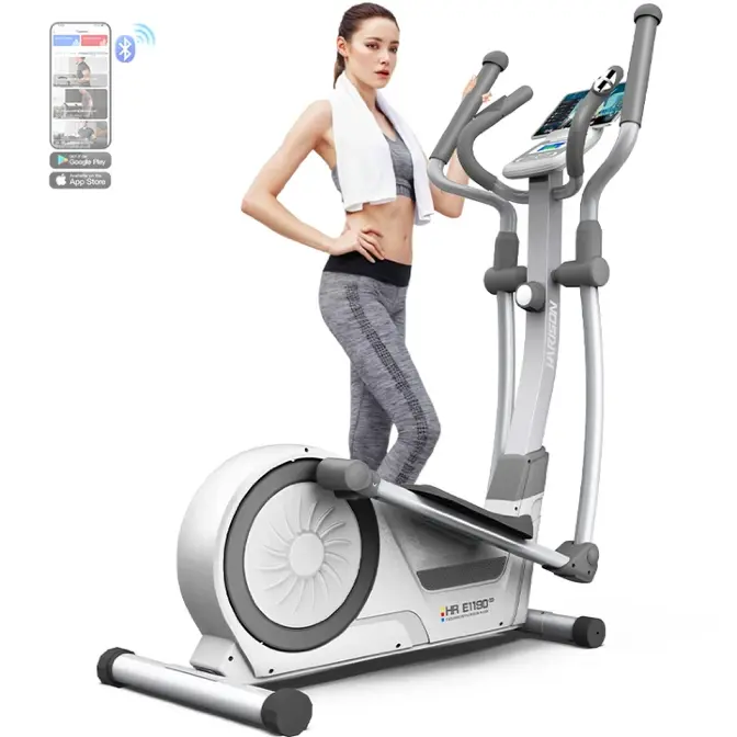 HARISON E1190 White Elliptical Trainer - Home Indoor Fitness Exercise Equipment, Ergonomic Design Cardio Gear with Digital Monitor, Bottle Holder, Transport Wheels, Adjustable Resistance, 350lbs Capacity