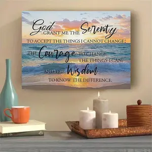 A Framed Coastal Serenity Prayer Painting, Religious Wall Art - Beach Sunset Seascape with "God Grant Me Serenity" Scripture Quote, Ready-to-Hang Wooden Frame Painting, Suitable for Home Decoration - Rustic Modern Christian Home Decoration