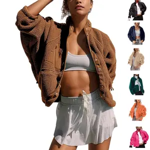 SCUSTY Women's Cropped Sherpa Lined Fleece Jacket Winter Warm Button Down Fuzzy Coats Shacket Outerwear with Pockets