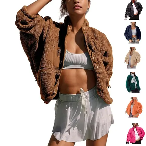 SCUSTY Women's Cropped Sherpa Lined Fleece Jacket Winter Warm Button Down Fuzzy Coats Shacket Outerwear with Pockets