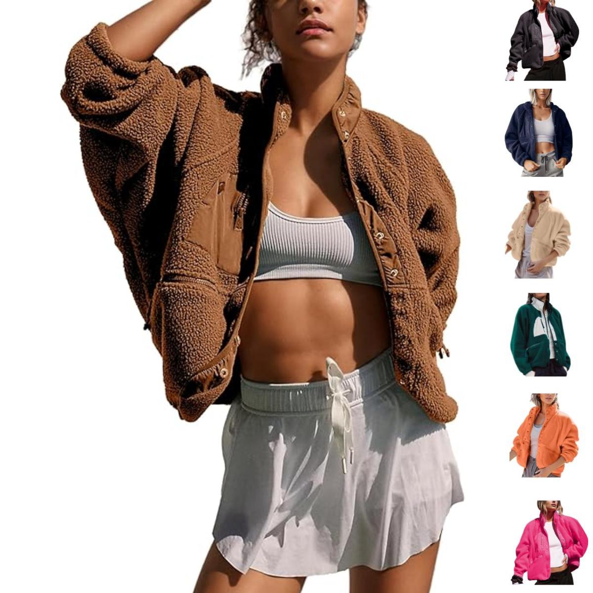 SCUSTY Women's Cropped Sherpa Lined Fleece Jacket Winter Warm Button Down Fuzzy Coats Shacket Outerwear with Pockets