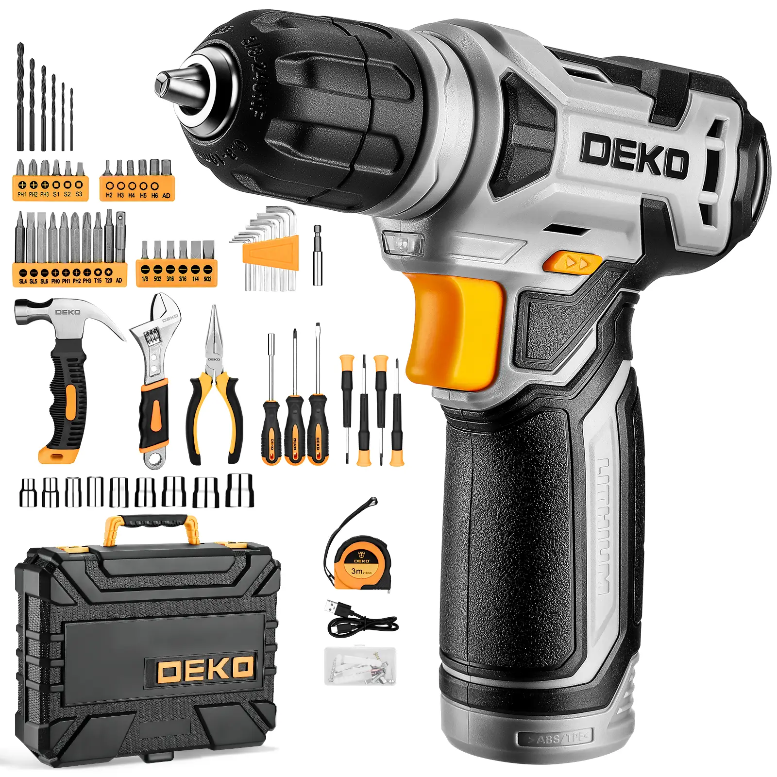 DEKO 126-Piece Power Tool Combo Kit with Lightweight 8V Cordless Drill, 10MM 3/8'' Keyless Chuck – Complete Home Tool Set for Garden, Office, and Hous