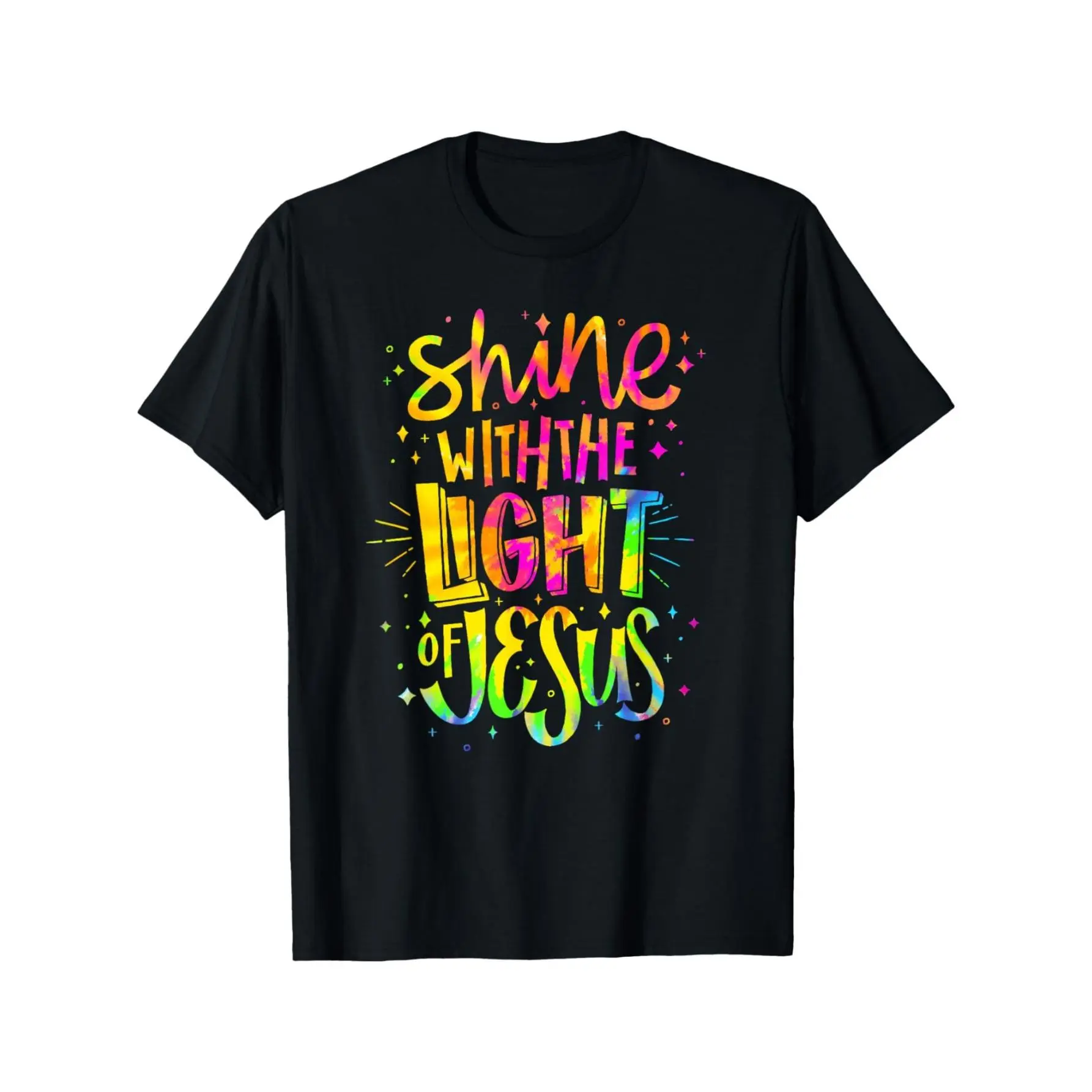 Neon-colored Christian T-shirt, Printed with Fun Slogans--features the Light of Jesus, Bible Verses, and a Cross Design, in Black Neon Colors, with a Comfortable Round-neck Design, Suitable for Church Wear