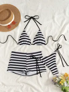 Classic striped 3-piece bikini set, flattering high-waisted boy short swimsuit with adjustable ties, summer 2026 resort wear