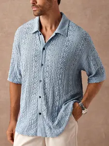Men's Vacation Casual Style Collared Shirts, Spring Summer Crochet Mesh Design, Bohemian Texture Jacquard Fabric, Perfect for Festivals and Beach Vacations