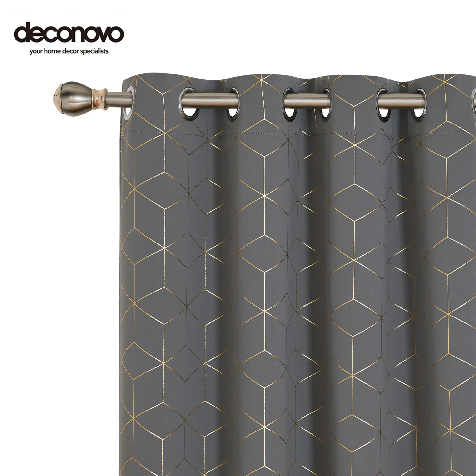 Deconovo Contemporary Gold Diamond Foil Print Blackout Window Drapes (2 Panels) - Privacy Grommet Art Style Curtains, Thermal Insulated Light Blocking Home Decoration Curtain for Living Room, Blackout Covers, Gaming Rooms, Geometric