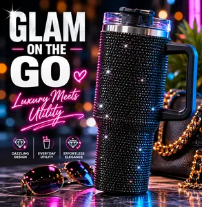 40 oz Black Bling Rhinestone Stainless Steel Sippy Tumbler Glitter Vacuum Insulated Water Bottle with Straw & Lid &Handle,Sparkle Car Cup Holder,Keeps Cold 12 Hours Drinks,Coffee