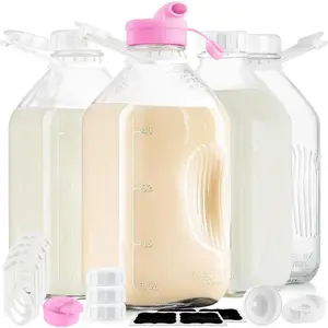 4 Pack 1/2 Gal Glass Milk Bottle with Airtight Lid & 2 Pour Spouts - 64 Oz Heavy Duty Glass Milk Jug, Water Pitchers with 8 Handles and 2 Exact Scale Lines for Juice Breast/Almond/Nut/Oat Milk Sun