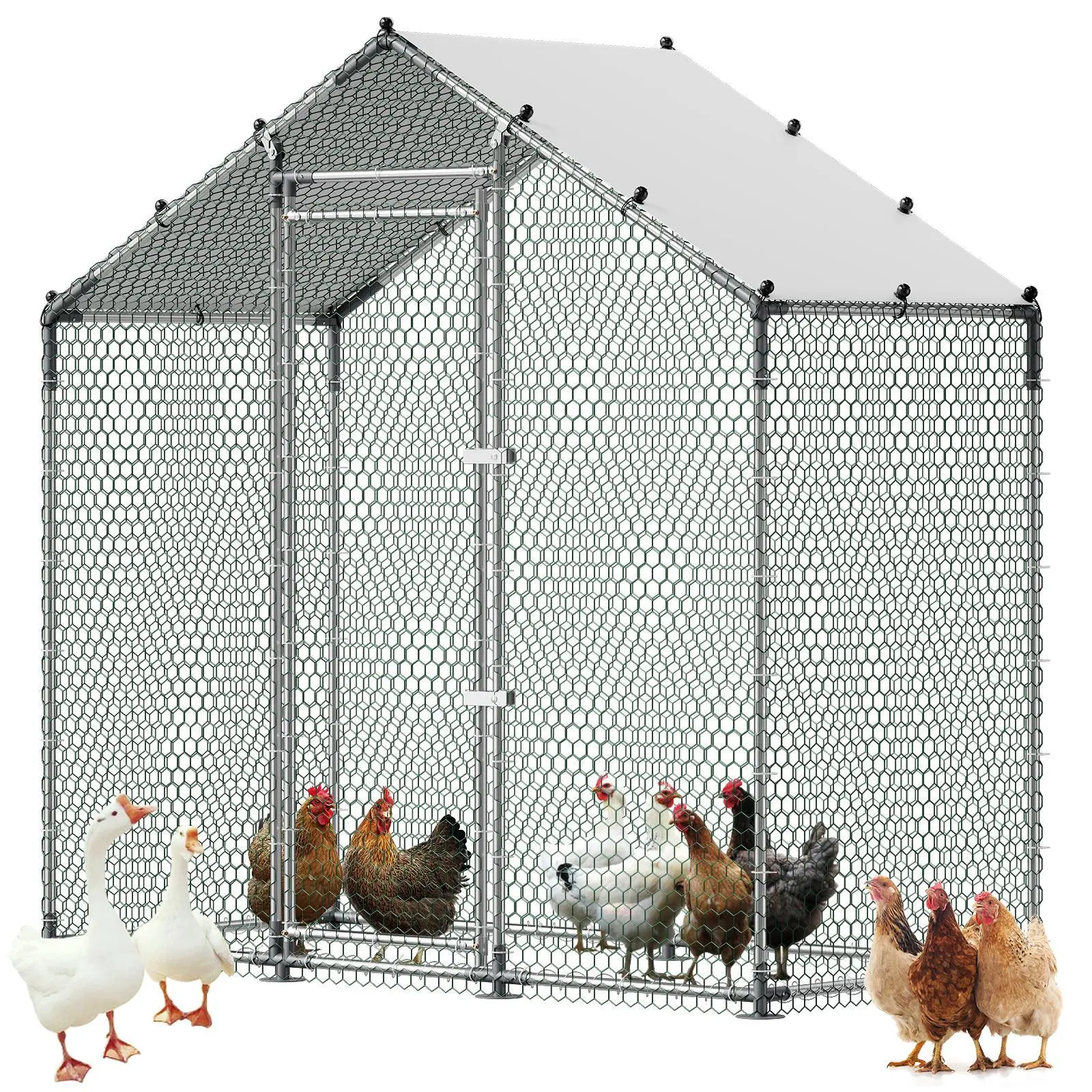 【SummerFinds】VEVOR Large Metal Walk-in Chicken Coop Enclosure, 6.6x3.3x6.6 ft Spire Roof Outdoor Poultry Hutch, Waterproof Cover, Sturdy Frame, Zip Ties, Easy Assembly, Easy Feeding Access, Backyard Farm Shelter
