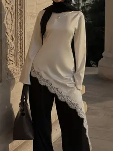 Women Satin Lace Blouse Asymmetrical Hem Long Sleeve Tunic Top Elegant Loose Fit Silk Look Shirt Modest Muslim Fashion Casual Flowy Pullover Chic Soft Smooth Fabric Vacation Outfit Dressy Blouse Streetwear Top White Black Minimalist Style