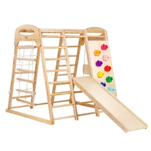 Indoor Jungle Gym, 7-in-1 Toddler Indoor Playground, Wooden Toddler Climbing Toys Indoor with Wood Rope Ladder, Net Ladder, Swing, Monkey Bar, Slide, Climbing Wall, 43x 47.2x 47in
