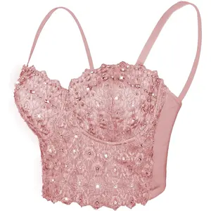 Women's  Reigning Lace Rhinestone Bustier Crop Top Sexy Mesh Corset Top Bra