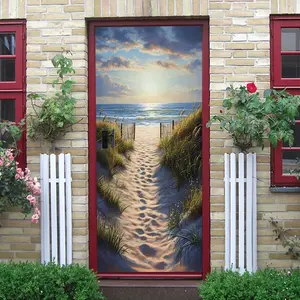 2pcs Beach Scene Door Wall Sticker Sunlight Ocean Wave Sand Self Adhesive Removable Decal for Living Room Bedroom Home Decor Natural Scenery Art Mural Decoration