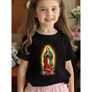 1pc 'irgin Mary Graphic T-Shirt - 100% Soft Breathable Short Sleeve Round Neck, 3 Colors (White Base with Our Lady of Guadalupe Print) - Unisex Youth 6-18 Years Casual & Back-to- Daily Wear, Religious Apparel for Teens