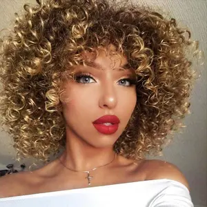 12 Inches Short Loose Curly Wig Ombre brown Wear Go Afro Synthetic Wig with Bangs High-Temperature Fiber for Black Women Durable Heat-Resistant No Glue Needed