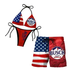 American Flag Busch Light Apple Couple Swimsuit Set - Sexy Tie-Side Bikini & Quick-Dry Shorts | Trendy 4th of July Beachwear Apparel