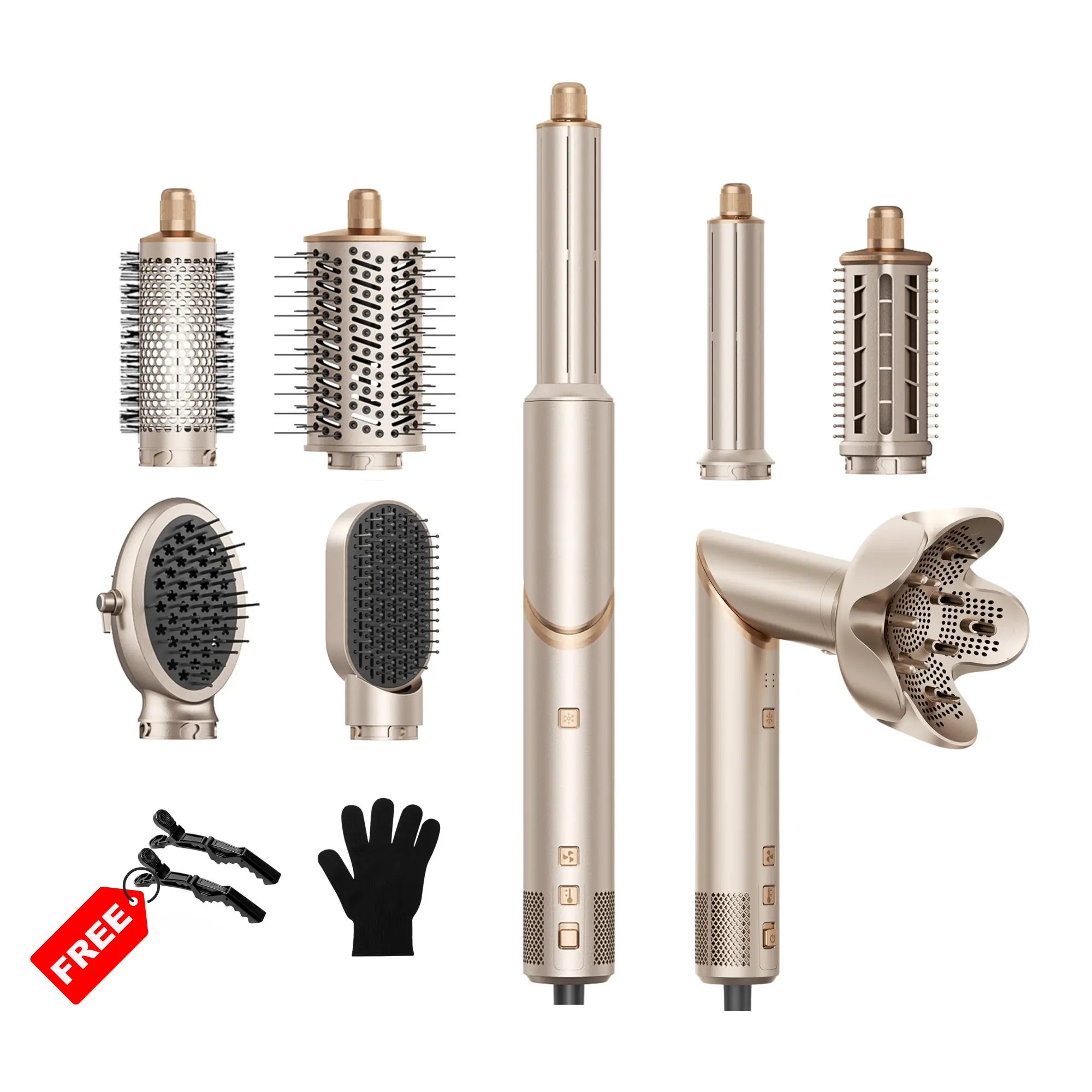 Air Fusion 8-in-1 High-Speed Hair Dryer and Styling Set,Automatic Air Curling Iron & Volumizing Blowout Brush,Fast Drying Hair Straightener Combo,Champagne Gold,Daily Hairstyle