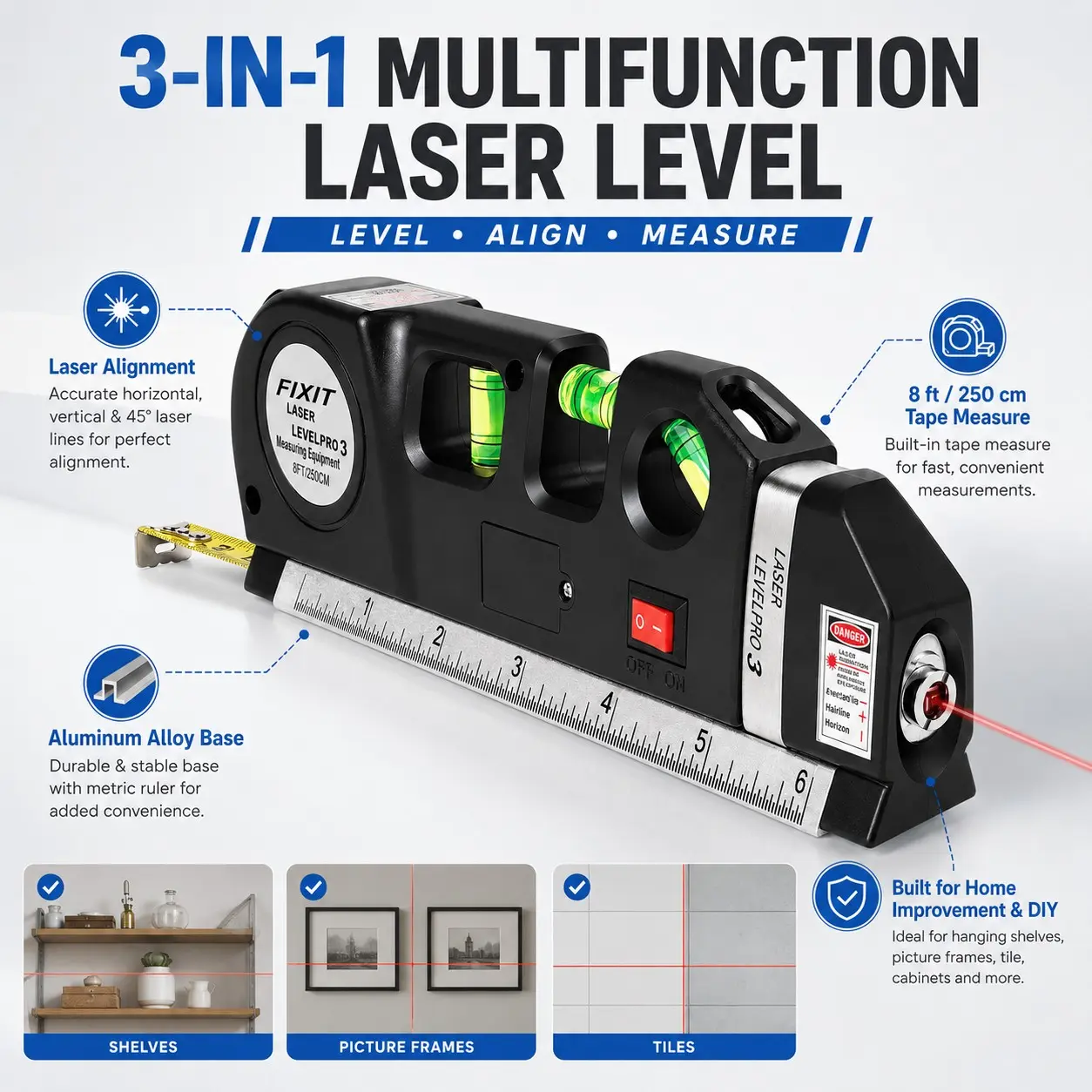 3-Line Laser Level Tool, Laser Leveler Tool, Self Leveling Laser, Auto Leveling, Cross-Line Mode, Vertical Alignment, Ideal for Hanging Pictures, DIY Projects, Office Setup, Laser Measuring Tool, Lazer Leveler Tool