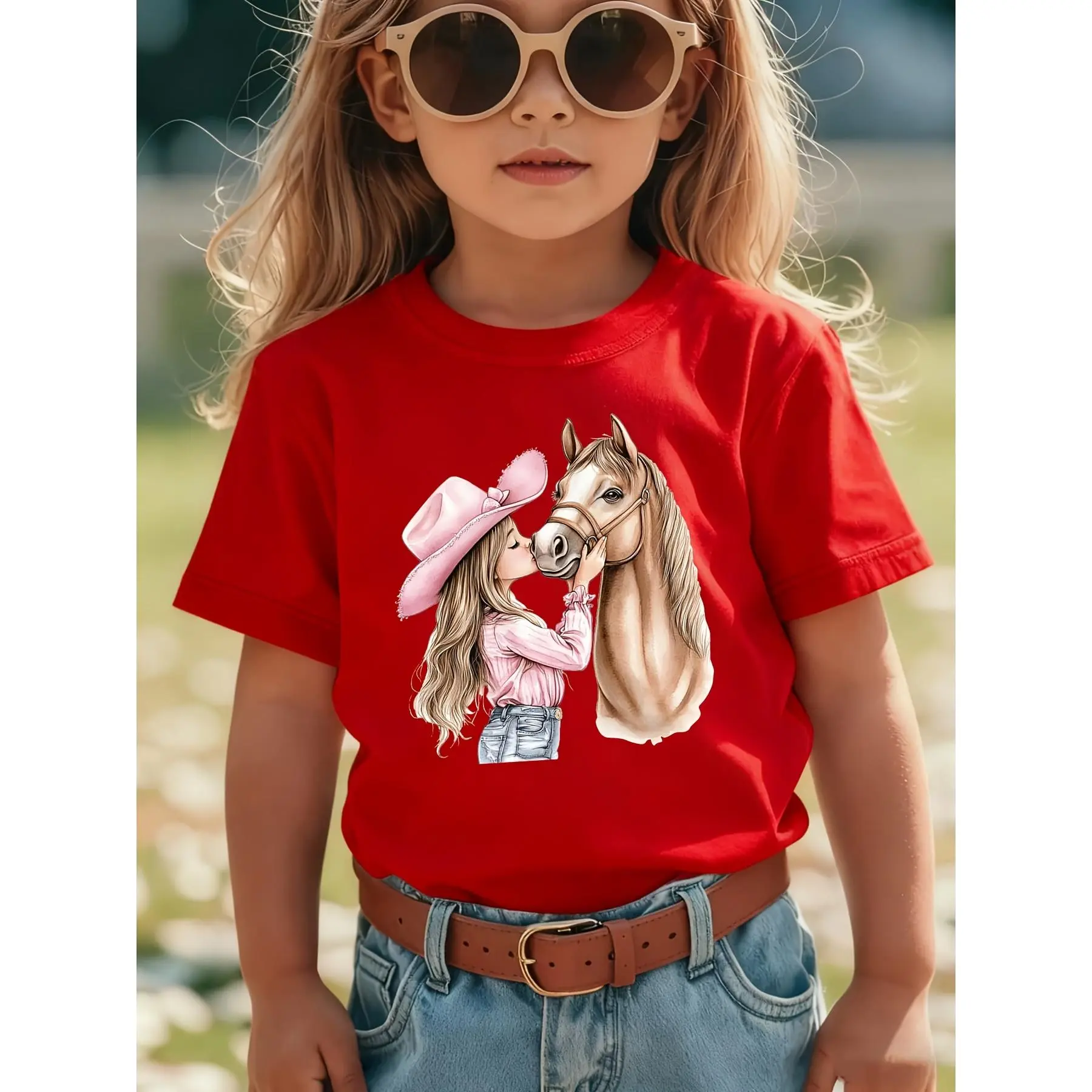 Girls' Cool Graphic Tee, Casual Round Neck Top with Short Sleeves and a Cute Equestrian Horse Print, Fashion T Shirt, Graphic Printed Tees, Casual Fit, Cute Cartoon Clothes, Rhinestone Accents, Everyday Use, Cute Tops
