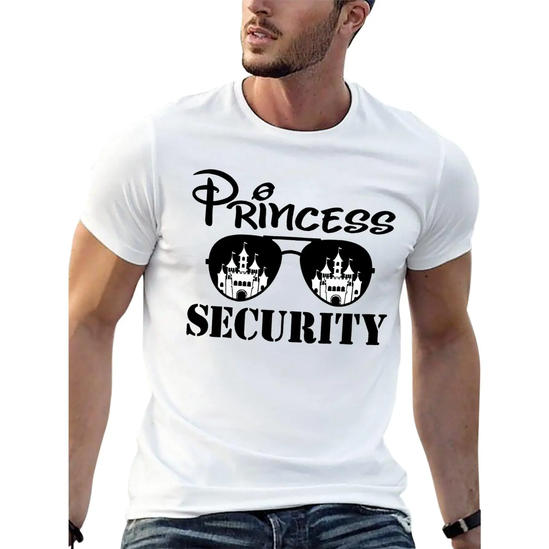 Men's Princess Security Graphic Crew Neck T-Shirt - Cotton Fitted, Breathable Casual Streetwear Top, Stylish Print, Quality Fabric, Black White, Outdoor Activewear Menswear, Shortsleeve, Round Neck