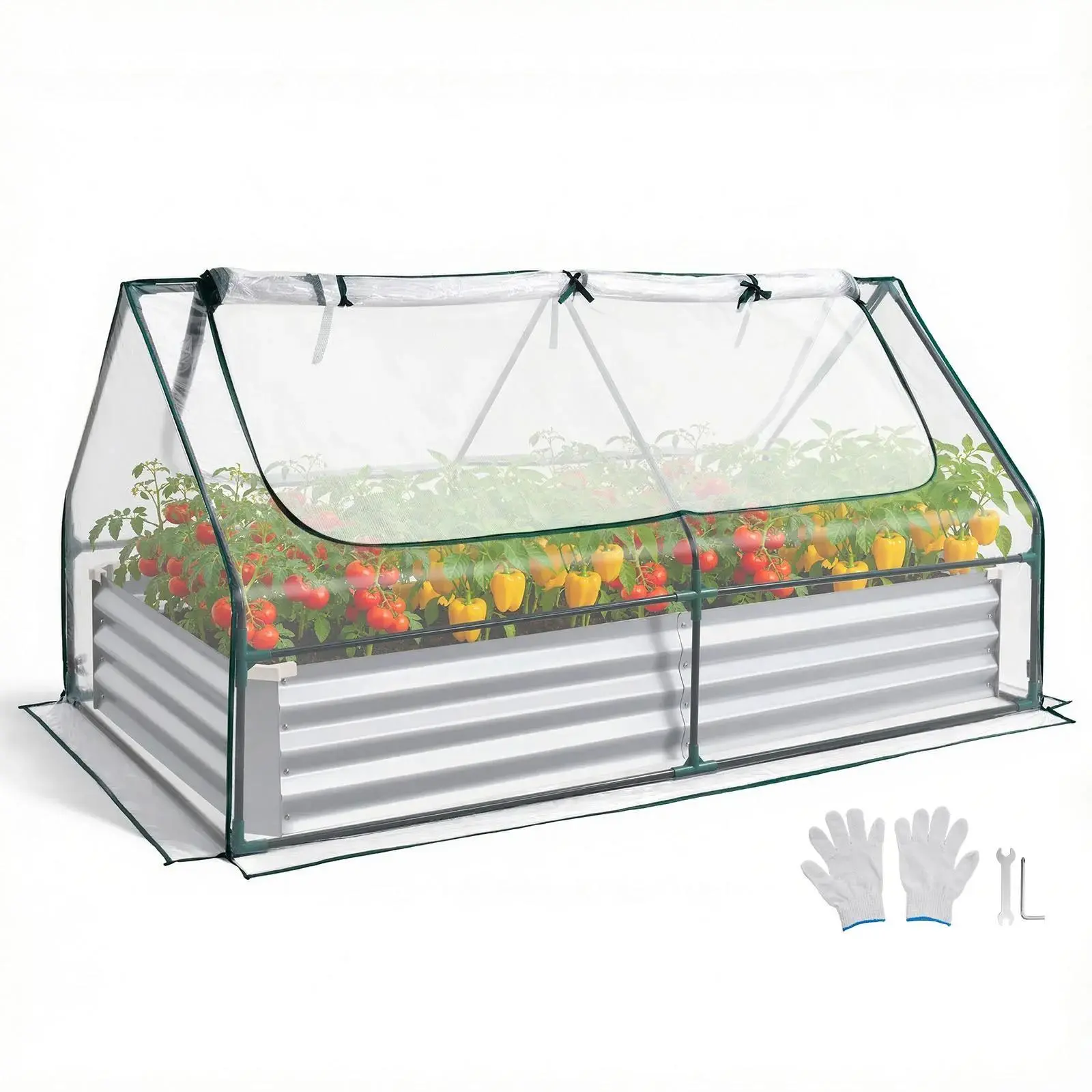 【SummerFinds】VEVOR Raised Garden Bed with Cover, 6 x 3 x 1 ft, Rectangular Galvanized Metal Planter Box Kit Outdoor, with PE Greenhouse Cover & Gloves, Rustproof Alu-Zinc, for Growing Flowers Vegetables, Silver, Easy Access Roll-Up Window, Harvesting, Ven