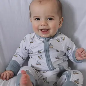 Sailboats Bamboo Romper, 0-18 months, dual zipper, footies and mittens, baby boy onesie sleepers