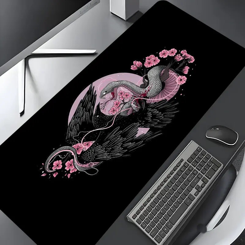 Snake Raven Pink Cherry Blossom Gothic Large Gaming Mouse Pad, Desktop Drotection Pad, Washable Rubber Pad Non-Slip Lock Edge Multi-Size Mouse Pad Suitable For Home Office, Good Gift for Family and friends, Desk Gadgets, Gaming Desk Accessory