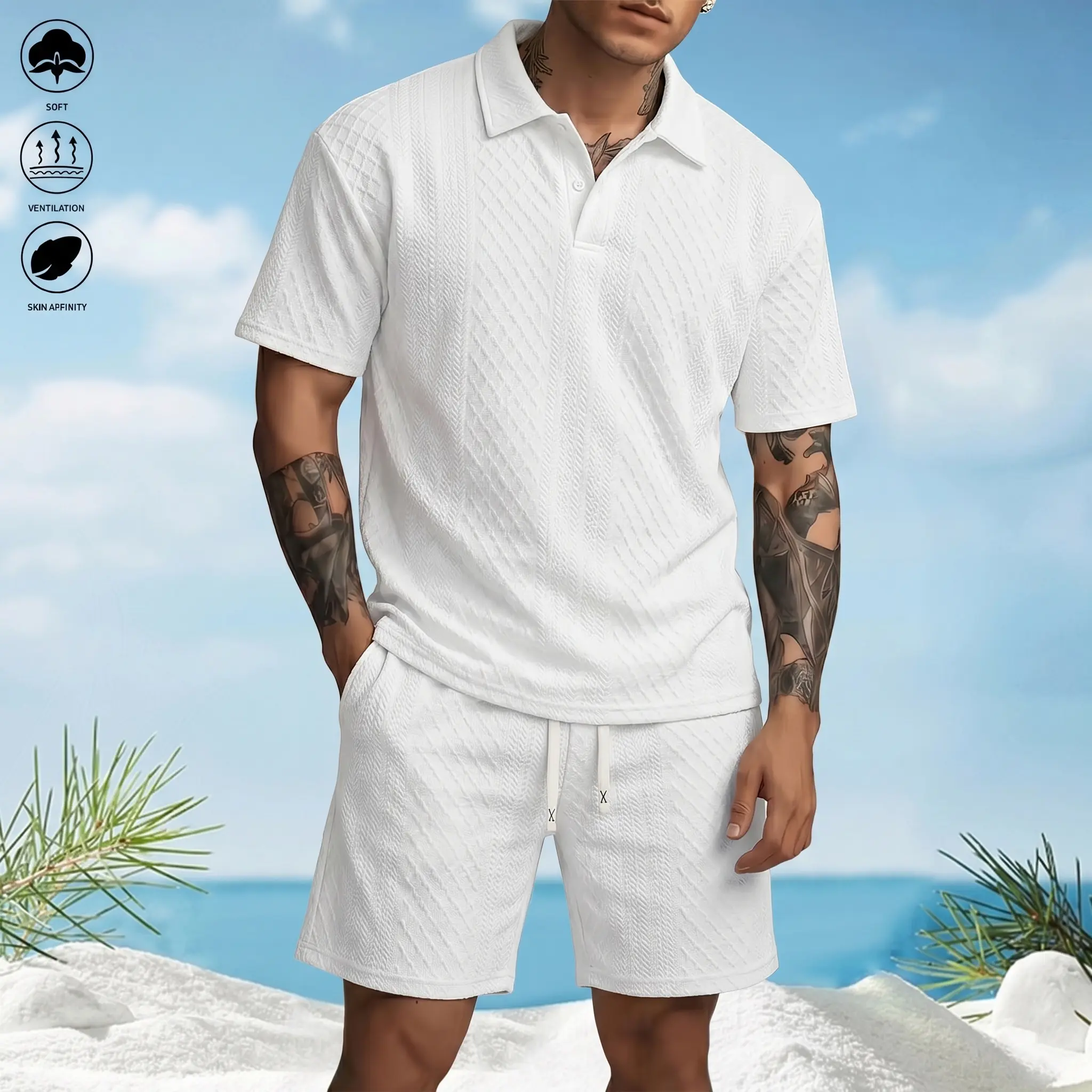 Men's Diamond Texture Polo Collar Set, Short Sleeve Polo Tee & Shorts Two Piece Outfit, Breathable Lightweight Summer Tracksuit, Fashion Casual Matching Set for Golf, Vacation & Daily Streetwear