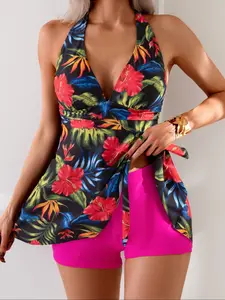 Floral Print Detachable Padding Tropical Print Tankini Set, Two-Piece Swimsuit with Removable Pads, Comfortable and Stylish Swimwear for Women